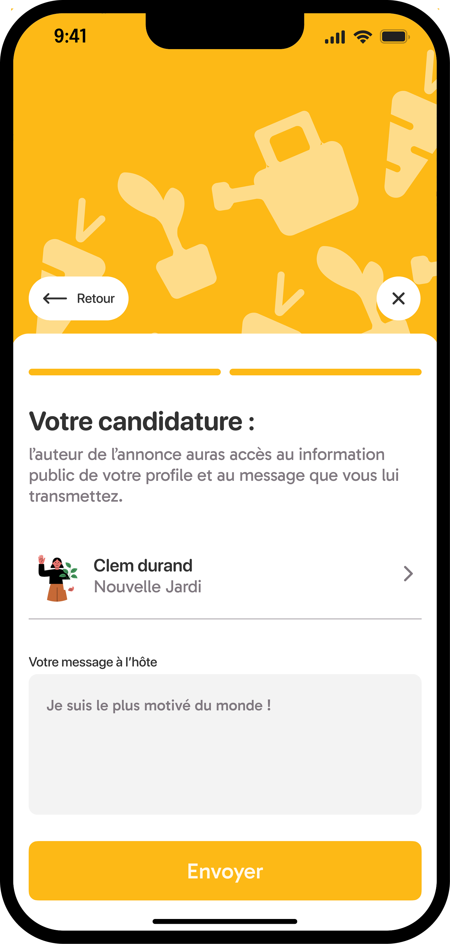 Jardi application — candidate message form with writing tips and confirmation summary