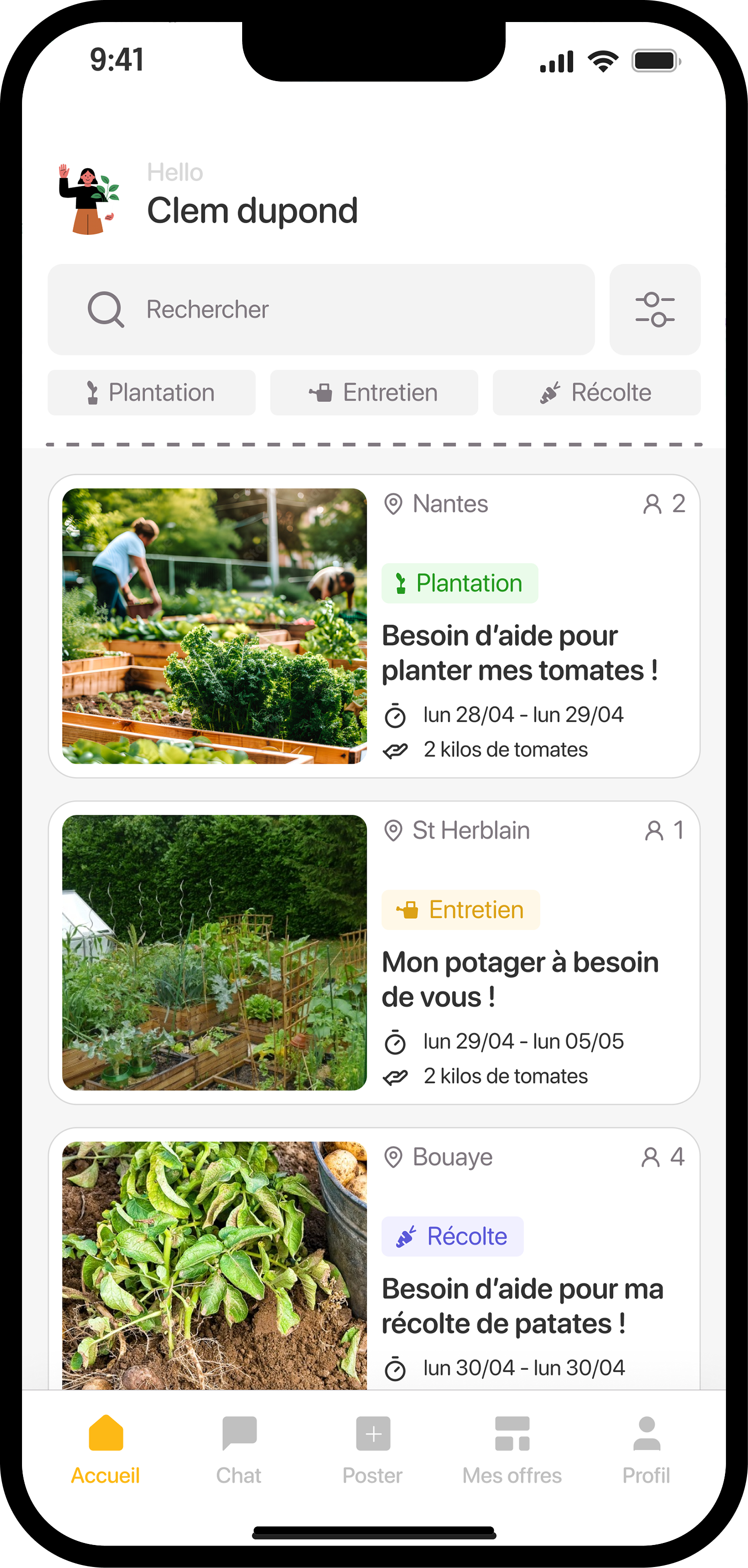 Jardi home screen — listing feed showing available garden missions by type