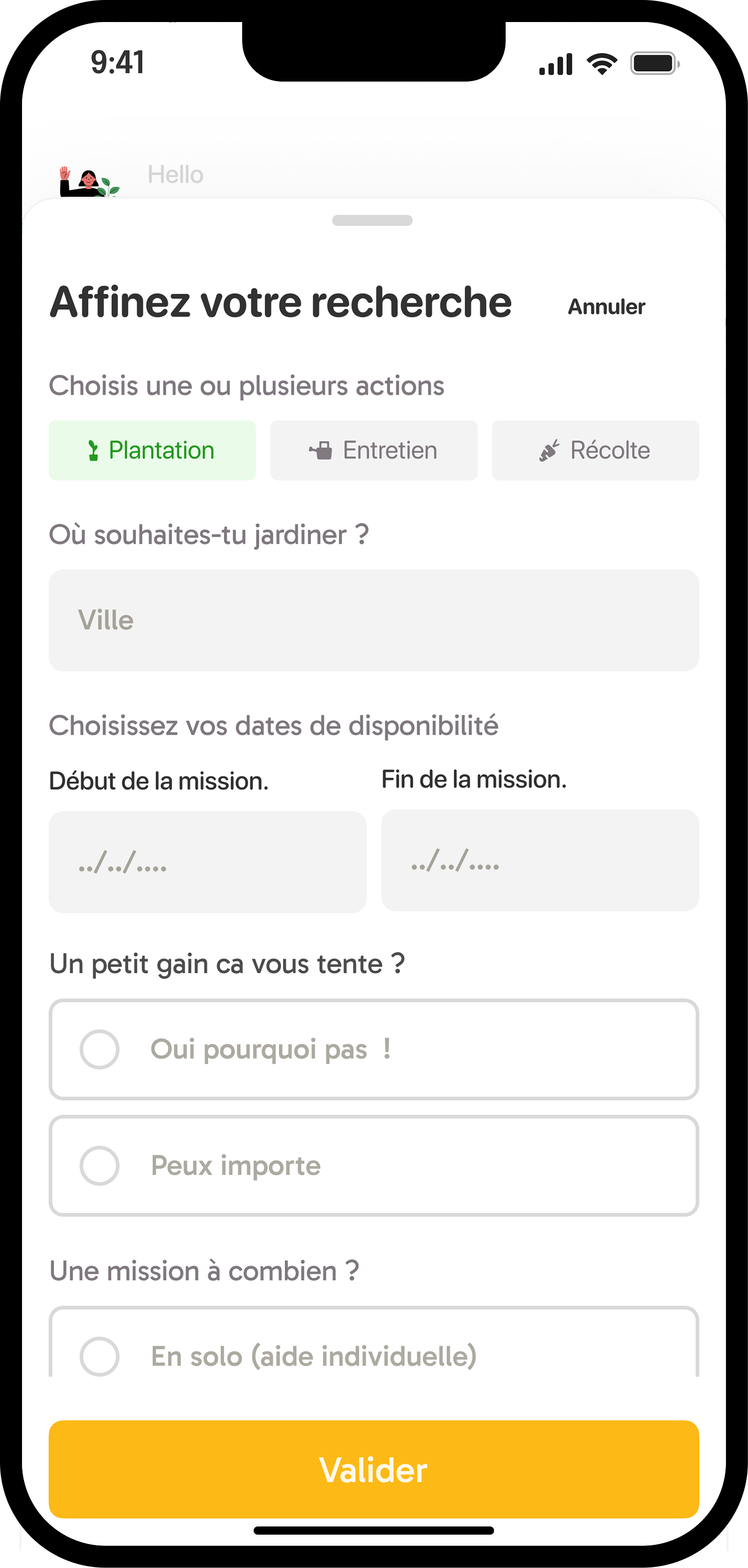 Jardi home — expanded filter panel with city, dates, reward, and team size options