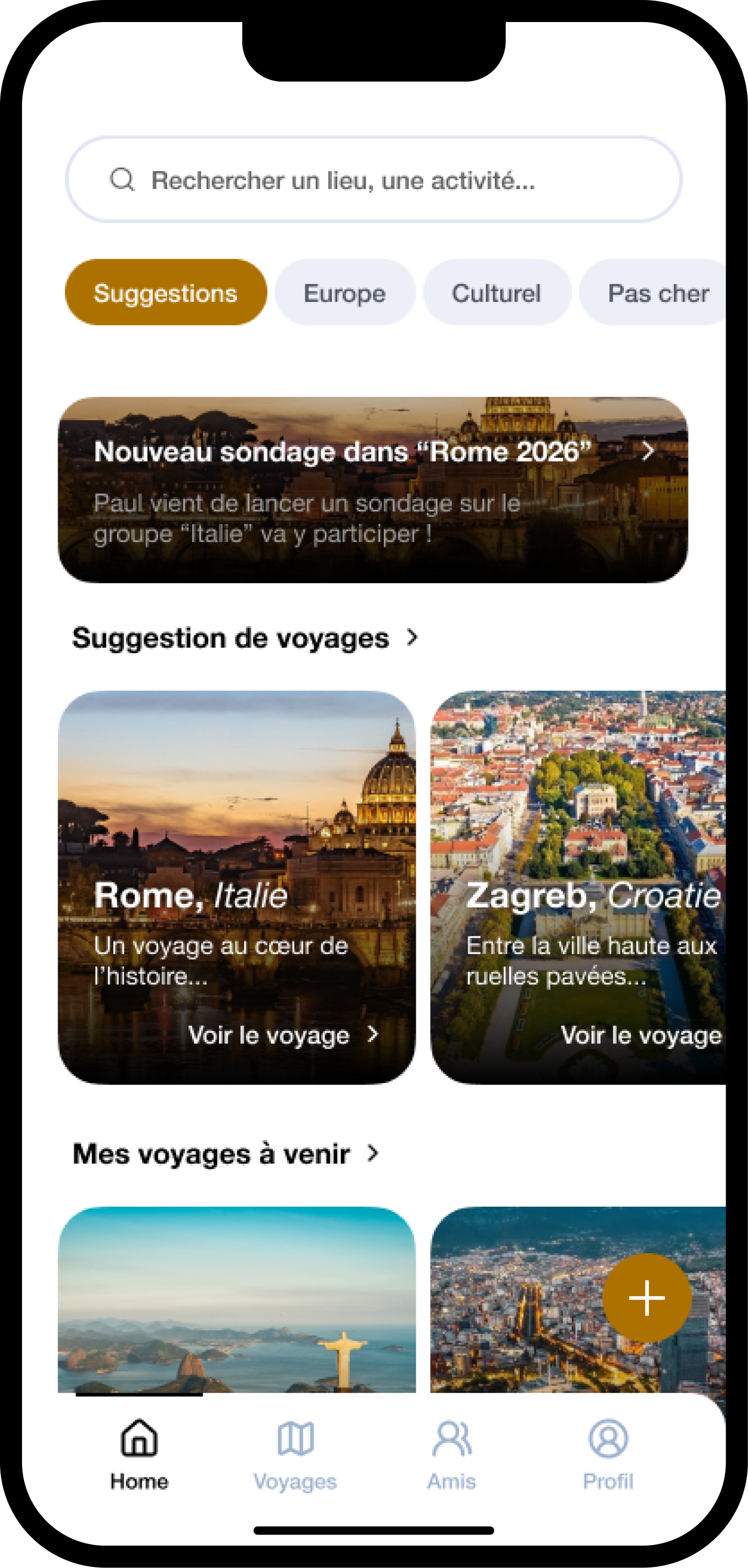 WePlan home screen showing community trip suggestions and the user's upcoming trips