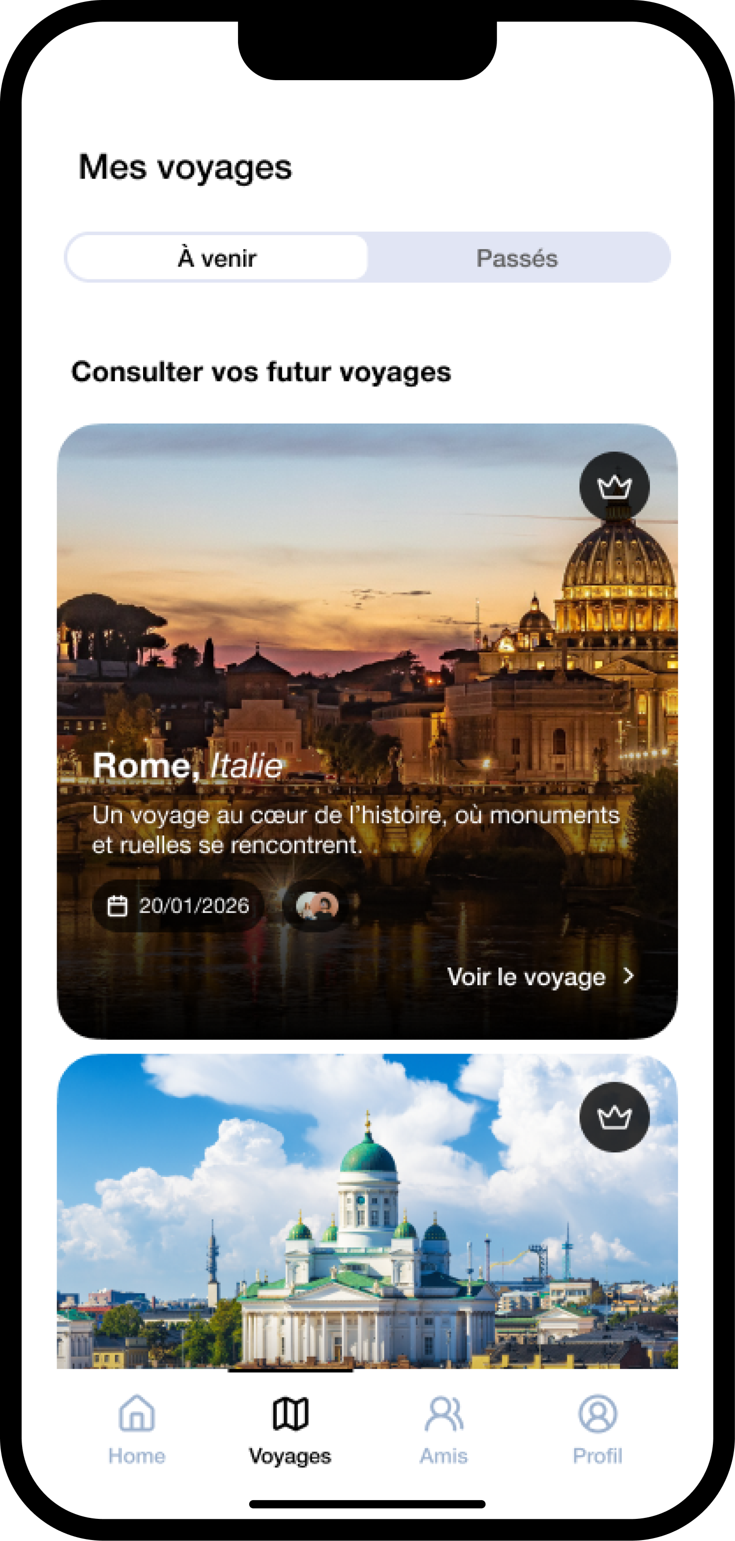 WePlan my trips screen showing upcoming trip cards