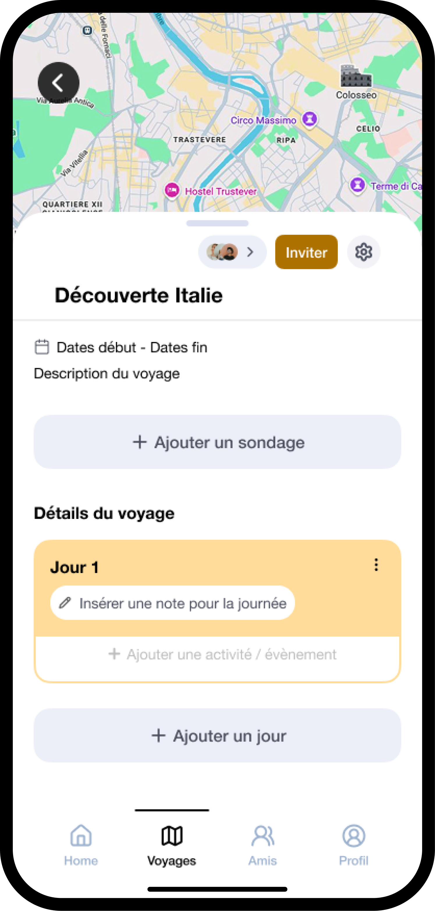 WePlan trip view showing an active poll card embedded in the timeline